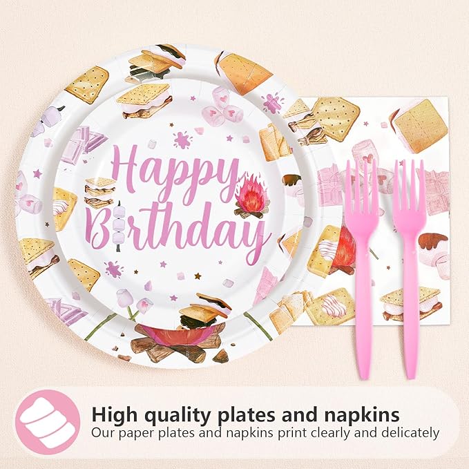 96Pcs S'mores Camping Birthday Decorations Birthdays Are S’more Fun with Friends Plates and Napkins Pink Camping Theme Tableware Set for Girls Camper Campfire Bonfire Birthday Party Supplies Serves 24