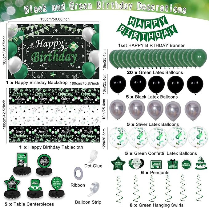 Green and Black Birthday Decorations, Green Party Decorations for Men Boys Women Girls with Balloons Arch Garland Kit Happy Birthday Banner Tablecloth Backdrop Decorations Bady Party Supplies