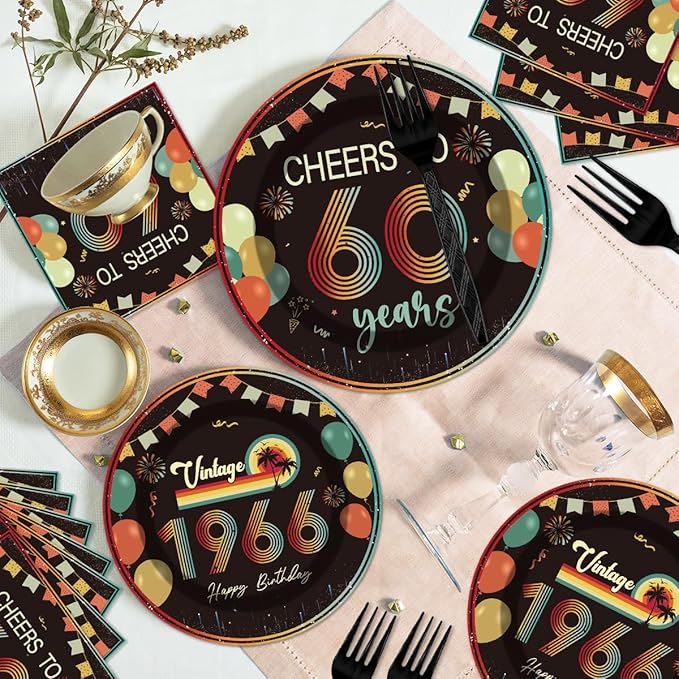 96Pcs Vintage 60th Birthday Decorations Tableware Set Back in 1966 Paper Plates Napkins Forks Cheers to 60 Years Disposable Tableware Decor for Women Men 60th Birthday Party Favor Serve 24 Guests