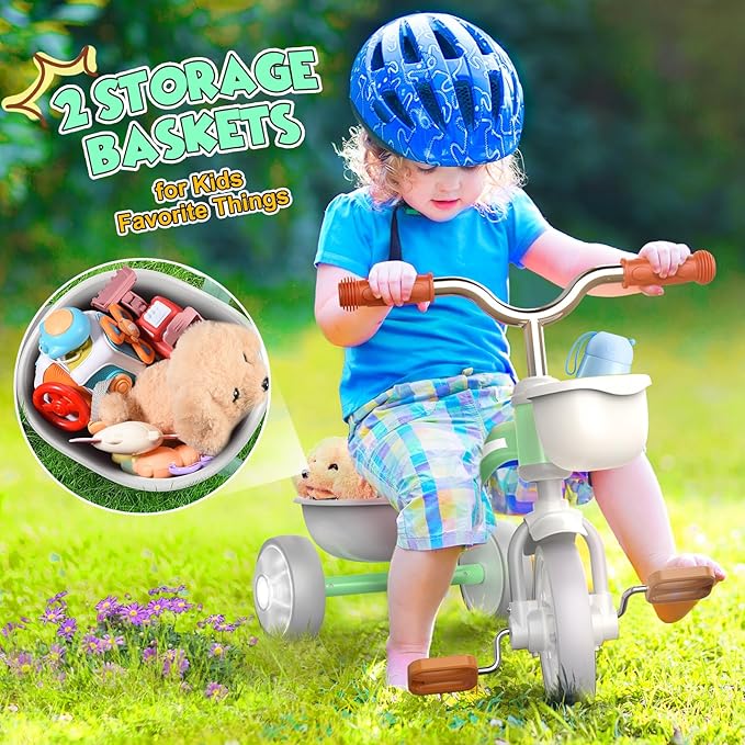 Toddler Tricycle for 1-3 3-5 Year Olds, 2 3 4 5 Year Old Girl Boy Birthday Gifts, Toddler Baby Bike, 4-Level Adjustable Seat, 3 Color Light Wheels, 2 Baskets, Outdoor Riding Toys for Ages 2-4