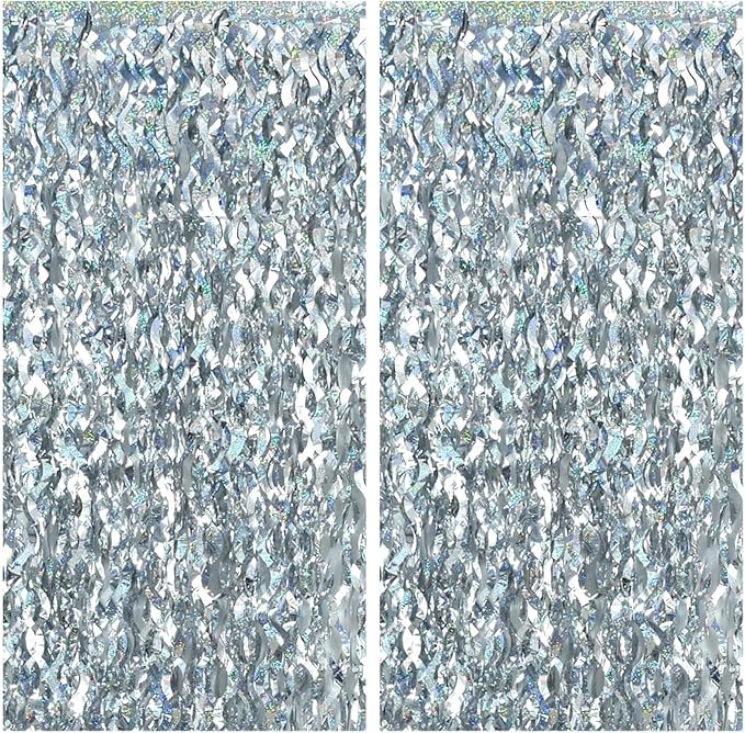 2 Pack Silver Wavy Foil Fringe Curtains, 3.3x6.6 Ft Metallic Tinsel Wavy Backdrop Party Decorations Door Silver Streamers for Birthday Wedding Engagement Decor,Party Supplies