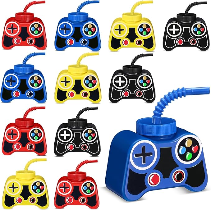 Mifoci 12 Pcs Plastic Video Game Party Cups with Straw and Lid 10oz Gamer Birthday Themed Drink Cups 7th Video Game Party Favors for Kids Toddlers Gamer Birthday Supplies (Yellow,Red,Blue,Black)