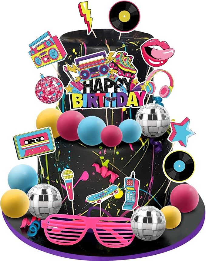 Hooqict 26 PCS 80s Cake Decorations 80s 90s Cake Toppers Retro 1980s Hip Hop Cake Decorations with Glitter Balls Cupcake Toppers for Neon Throwback Birthday Party Supplies