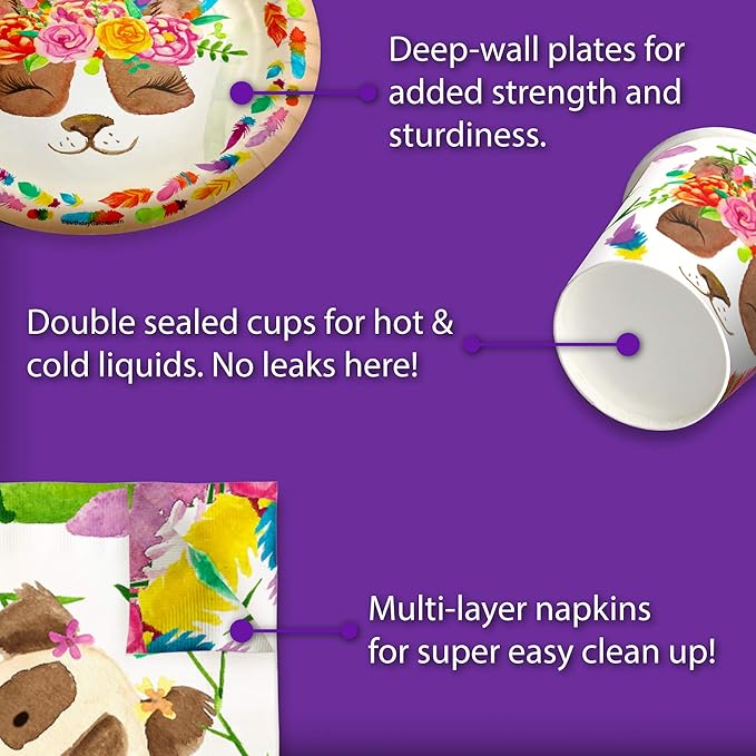 Panda Floral Birthday Party Supplies Set - Panda Bear Party Supplies - Boho Party Supplies - Birthday Party for Girl - 1st Birthday Party | Tableware Includes Plates, Napkins and Cups | Kit for 16