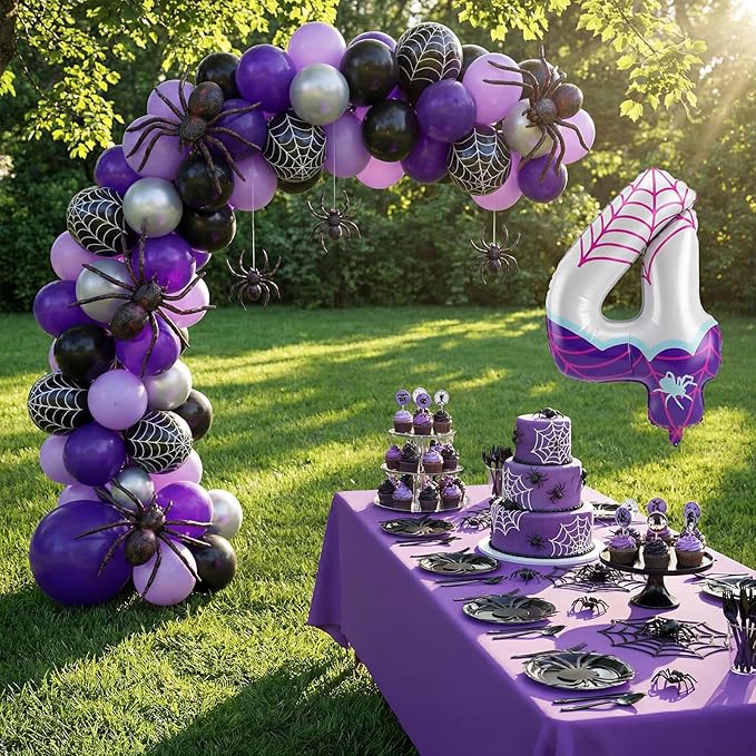 Spider Number 4 Balloons 40 Inch Purple Spider Theme Birthday Party Decorations Large Foil Balloons for Girls Boys 4th Birthday Baby Shower Party Backdrop Celebration Supplies