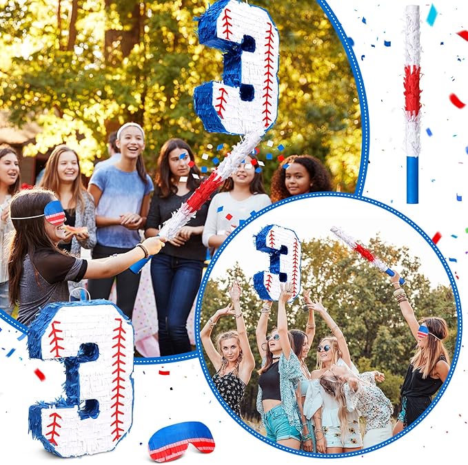 HyDren Baseball Piñata Baseball Party Decorations Number Piñata with Bat, Blindfold and Confetti, 16 Inch Sports Themed Birthday Party Supplies for Celebration Events(Number 3)
