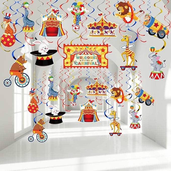 Zonon 36 Pcs Carnival Hanging Swirl Decoration Colorful Circus Theme Animal Party Supply Carnival Theme Party Decor Baby Shower Decor Birthday Favor Double Sided Ceiling Streamer for Home Classroom