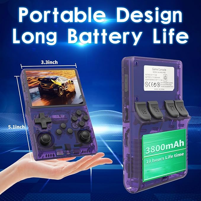 R40S Pro Handheld Game Console,30000 HD Games Mini Retro Gaming Console,3.5-Inch IPS Screen,Built in 45 Emulators,256GB SD Card,3800mAh Battery (Transparent Purple)