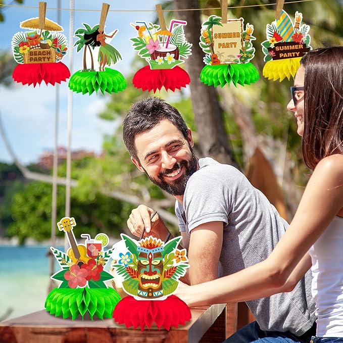 10 Pieces Hawaiian Luau Honeycomb Table Centerpiece, Hawaiian Themed Party Decorations Hawaiian Centerpiece Table Decorations for Summer Beach Pool Party Birthday Wedding Decor
