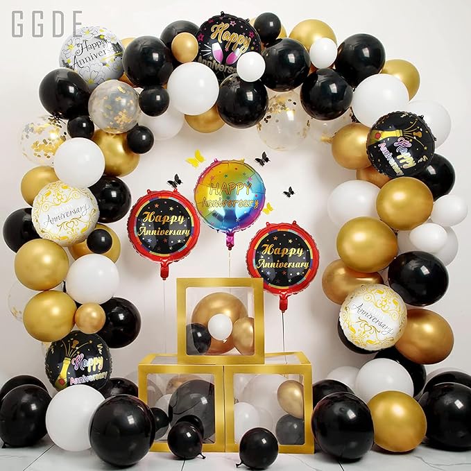 Happy Anniversary Mylar Balloons 18 Inch Round Foil Helium Balloon Birthday Engagement Wedding Celebration Anniversary Party Decorations Supplies Black 6 Pcs