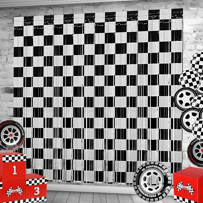 Race Car Foil Fringe Curtains Backdrop Birthday Party Decorations, 6 Pack 3.28 x 6.56 Ft Black White Foil Fringe Curtain Photo Booth Props Racing Car One Happy Dude Party Decorations
