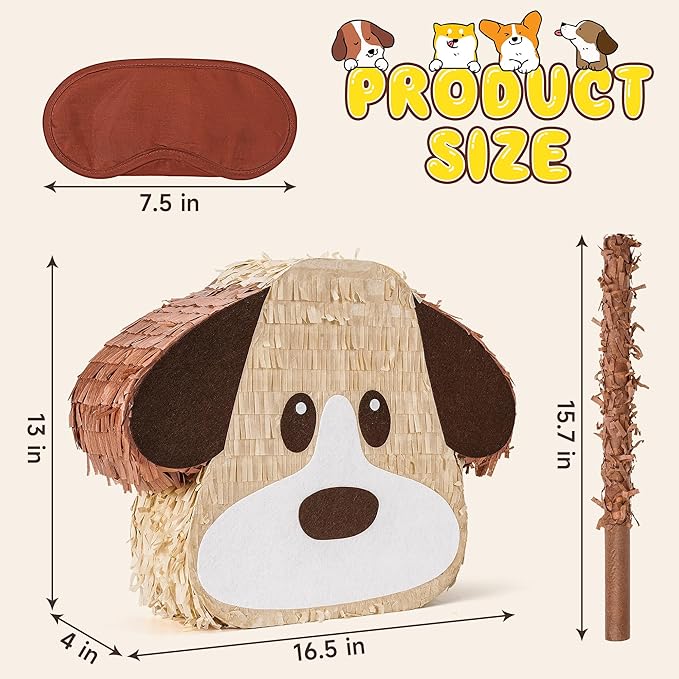 Dog Pinatas Bundle with a Blindfold and a Bat(16.5 x 12.6 x 4 Inches), Perfect for kid's Birthday Parties Decoration, Animal Theme Party, Puppy Pinata