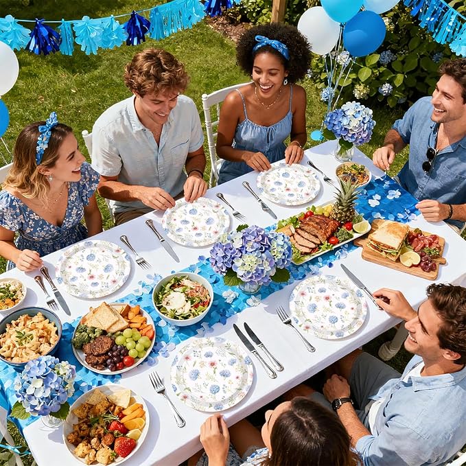 50Pcs Hydrangea Paper Plates 9 Inch Heavy Duty Blue and White Vintage Floral Dessert Plates Spring Tea Party Dinner Plate for Tea Wedding Bridal Baby Shower Birthday Bachelorette Party Decorations