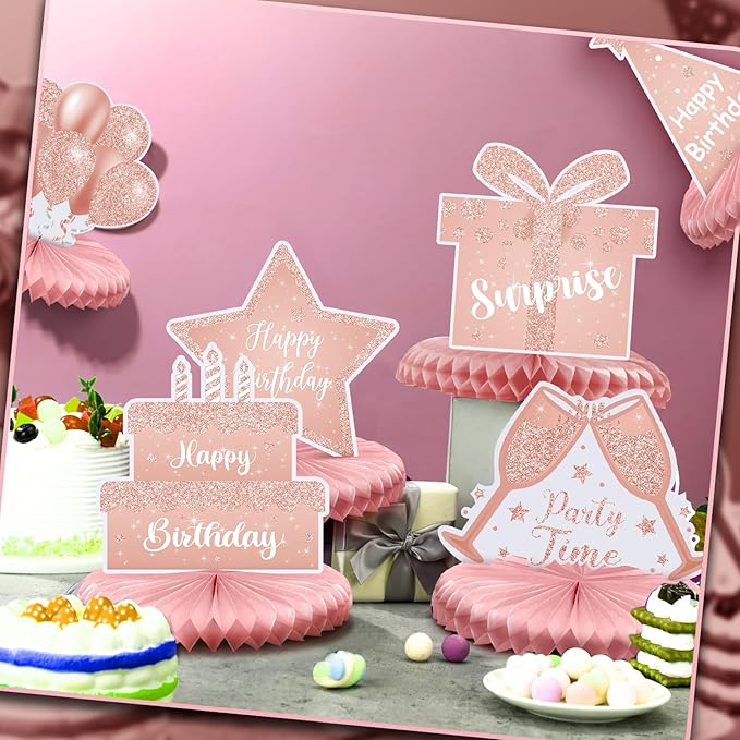 Yexiya 8 Pcs Pink Birthday Centerpiece Table Decoration, Happy Birthday Honeycomb Centerpieces Honeycomb Table Toppers for Men Women Party Supplies