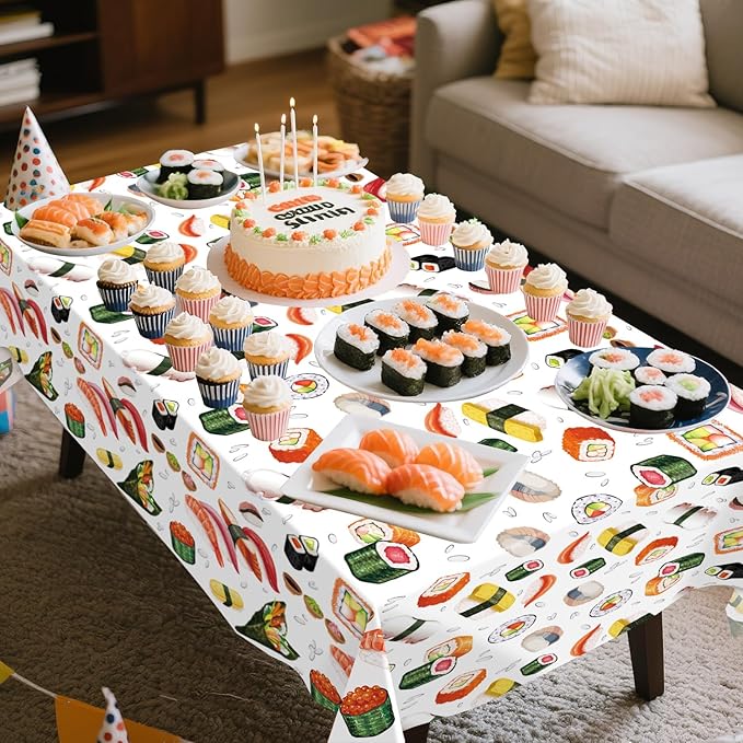4 Pcs Sushi Party Decorations Supplies, Waterproof Rectangular Table Cover for Sushi Themed Party Supplies 52 x 108 Inch