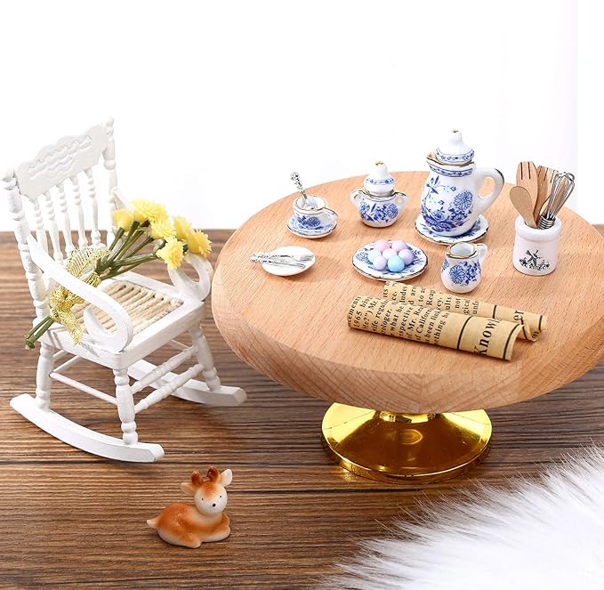 Skylety 37 Pieces 1:12 Scale Miniatures Dollhouse Kitchen Accessories Include 16 Plates Knife Fork Spoon, 6 Egg Beater Utensil, 15 Tea Cup Set(Blue Porcelain)