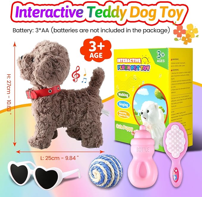 Teddy Walking Barking Dog Toy Singing Puppy Set, Repeat What You Say Teddy with Control Leash Electronic Dog, Touch or Voice Control Realistic Robot Musical Dancing Animated Plush Pet for Toddler