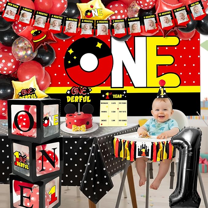 Mouse 1st Birthday Decorations for Baby - 1st Mouse Theme Party Supplies for Baby Shower Decoration Include Birthday Hat Cake Topper Backdrop Tablecloth Photo Banner Arch Balloon Boxes Poster