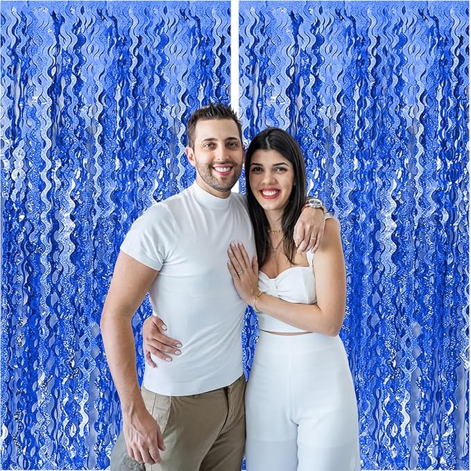 2 Pack Navy Blue Wavy Foil Fringe Curtains, 3.3x6.6 Ft Metallic Tinsel Wavy Backdrop Party Decorations Door Navy Blue Streamers for Birthday Wedding Engagement Decor,Party Supplies