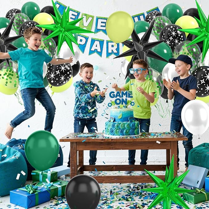 Black and Green Balloons, 12 Inch Space Party Decorations Green Black Silver Galaxy Print Foil Balloons for Alien Space Theme Galaxy Birthday Party Decorations