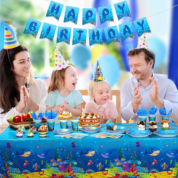 171 Pcs Under the Sea Party Supplies Ocean Sea Party Tableware Set Underwater Birthday Paper Plates Napkins Cups Cutlery Banner Tablecloth for Mermaid Beach Birthday Party Supplies 24 Guests