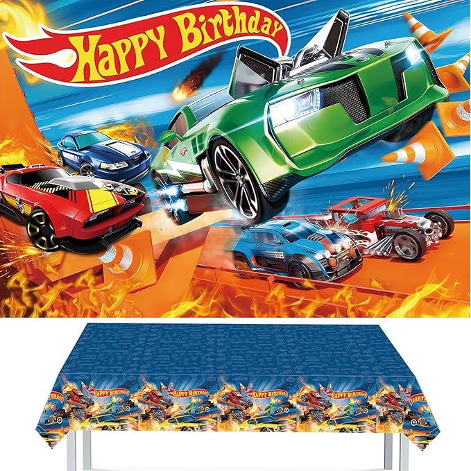 Hot Race Car Themed Party Decorations, Car Wheel Birthday Party Supplies Include Plastic Table Covers(42.5x70.8inch) and Photography Backdrop(59x39inch) for Kids Truck Party Favors