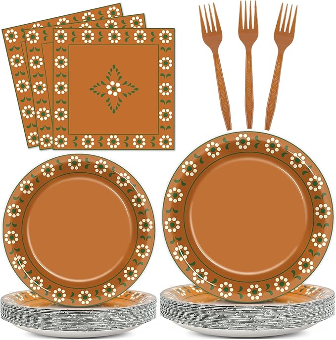 96Pcs Platos De Barro Mexicanos Paper Plates and Napkins Terracotta Flower Clay Pottery Party Decor Mexica Theme Tableware for 24 Guests Fiesta Birthday Wedding Baby Shower Party Supplies