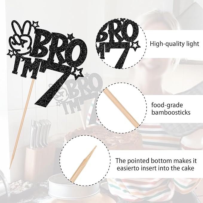 1 PCS Brother I'm 7 Cake Topper Glitter Star Happy 7th Birthday Cake Pick Bro I'm 7 Cake Decoration It's My 7th Birthday Decorations for Boys Cheers to 7 Years Old Birthday Party Supplies Black