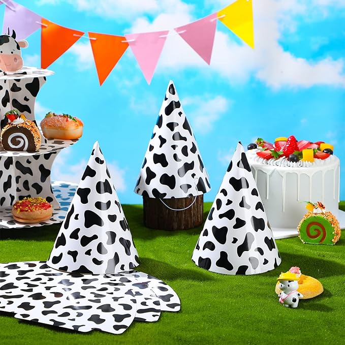 Teling 30 Pieces Birthday Party Hats Car/Cow Themed Paper Cone Hat Birthday Party Supplies Decorations for Kids(Milk Cow)