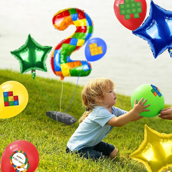 40 Inch Building Block Number Balloon, Colorful Number Block Foil Number 2 Balloons Large Big Numbers Helium Balloon for Girls Boys 2th Birthday Brick Theme Party Decorations (Number 2)