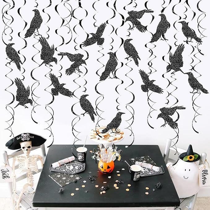 24 Pcs Crow Hanging Swirls Crow Ceiling Decorations Black Crow Party Decorations Crow Party Supplies for Crow Birthday Party Decorations Halloween Party Decorations