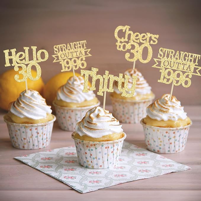 Ephlyn 24Pcs Happy 30th Birthday Cupcake Toppers Glitter Thirty Cupcake Picks Hello 30 Cheers to 30 Years Cake Decorations for 30th Birthday Anniversary Party Decorations Supplies Gold