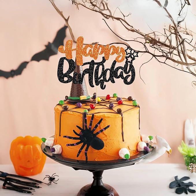 Ephlyn 1Pcs Happy Birthday Cake Topper Glitter Happy Birthday Cake Pick for Halloween Baby Shower Theme Anniversary Party Cake Decorations Supplies Black Orange