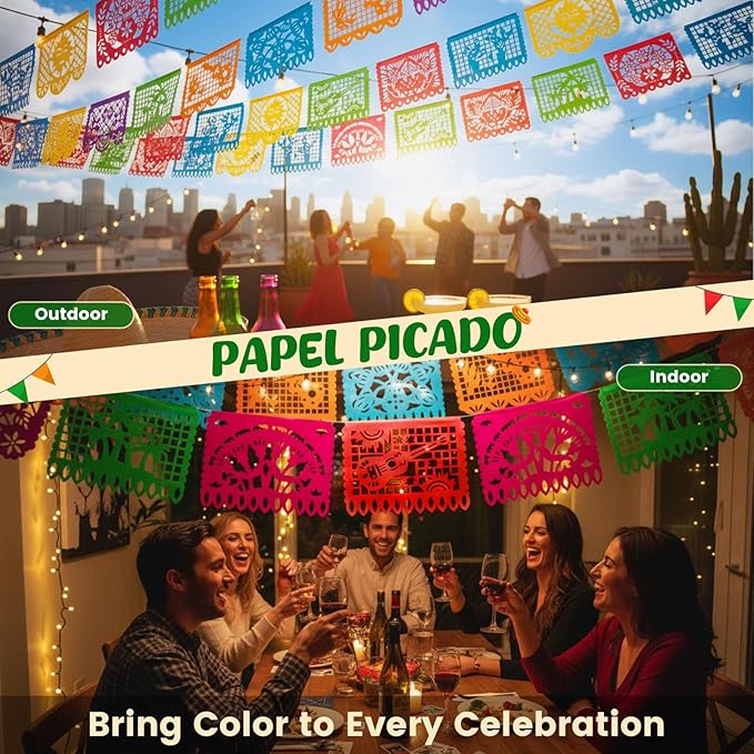 DomeStar 3 Packs Mexican Party Decoration, 54 Feet Plastic Papel Picado Fiesta Banner Cinco de Mayo Garland for Mexican Birthday Party Supplies