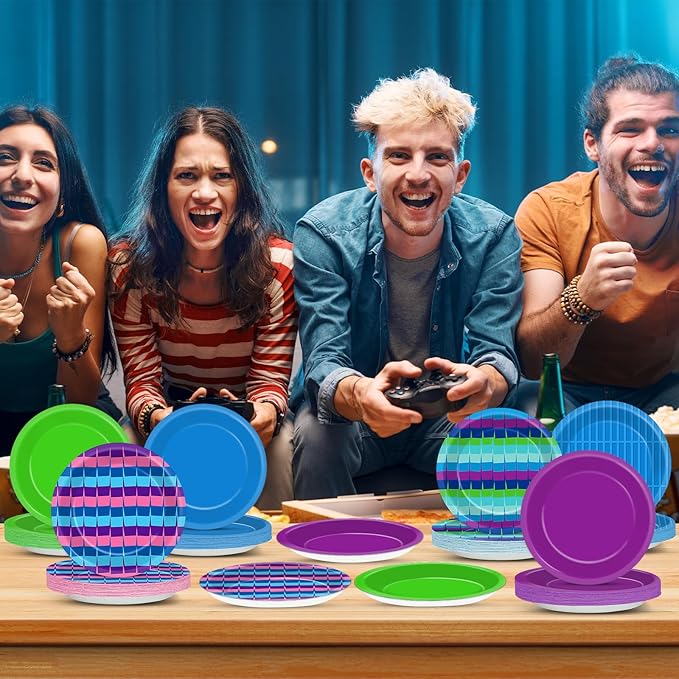 48PCS Video Game Birthday Party Supplies Video Gaming Paper Plates 7" Dinnerware Dessert Plates Llama Game On Party Decorations Gamer Level Up Table Decor for Teenager Kids Boys Birthday Favor