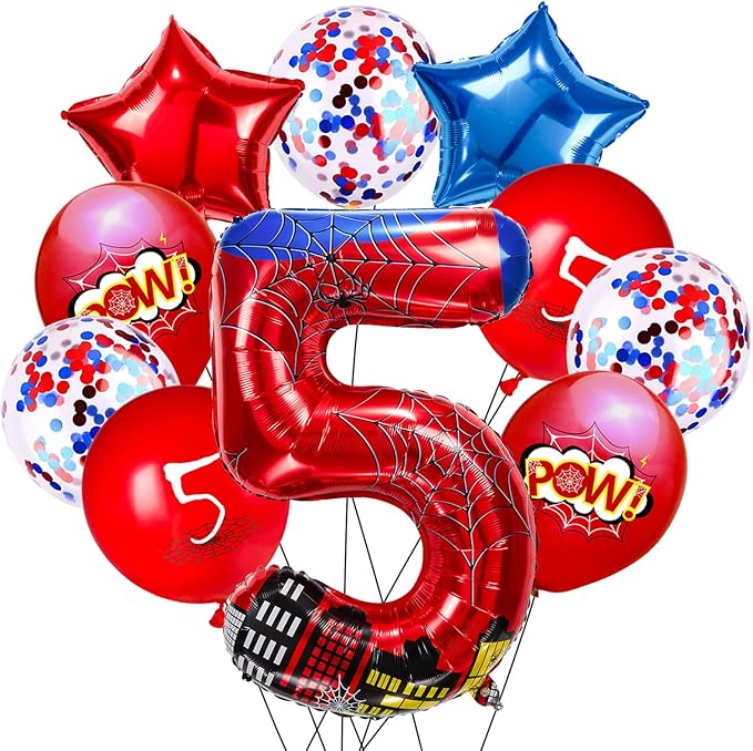 Cartoon Hero 40 Inch Red and Blue Spider Theme Number Foil Birthday Decoration Balloons, Cartoon Party Birthday Supplies, Number large Balloons for Spider Theme Party (5)