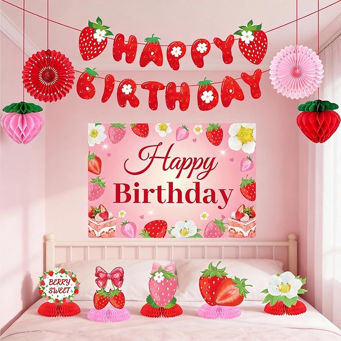 Strawberry Birthday Party Decorations ，Strawberries Banner Backdrop Red Pink Fans Hanging Swirls honeycomb ball Pom Poms for Baby Shower Strawberrys Shortcake Party Supplies(Strawberry)