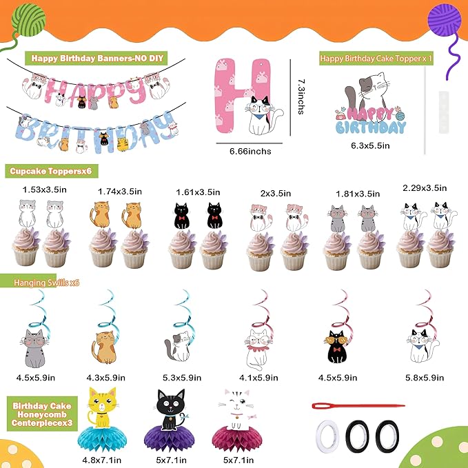 Cat Theme Birthday Party Supplies,15 PCS Happy Birthday Banner-NO DIY,6 Hanging Cutouts,6 Hanging Swirl Decor,1 Cake Topper,12 Cupcake Toppers,3 Birthday Honeycomb Party Decoration