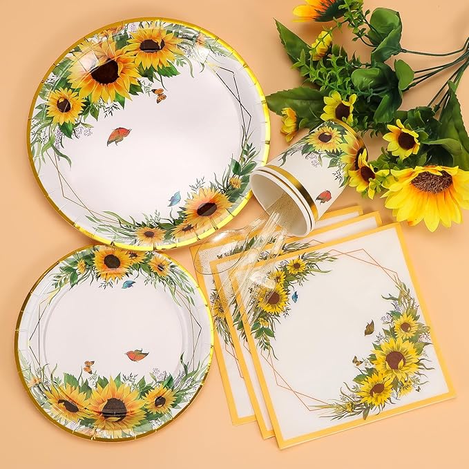 Sunflower Party Supplies, Disposable Plates, Cups, Napkins and Cutlery for Birthday, Bridal Shower, Sunflower Party Decorations Serves 24