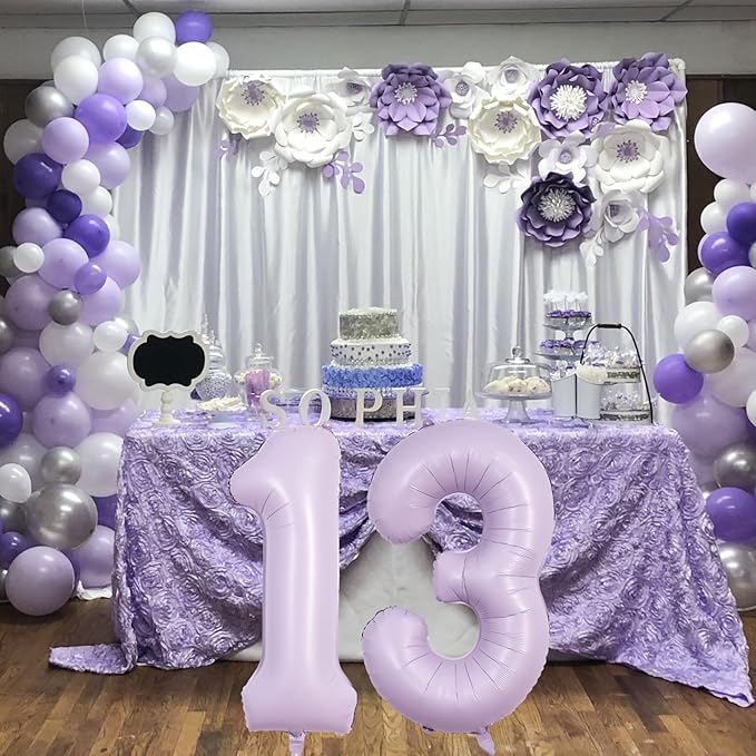 Number Balloons 13 Pastel Purple, 40 Inch Lavender Mylar Foil Number 1 & 3 Balloons for Girls 13th Birthday Balloons, Large Light Purple Helium 13 Balloons for Women 13th Anniversary Party Decorations