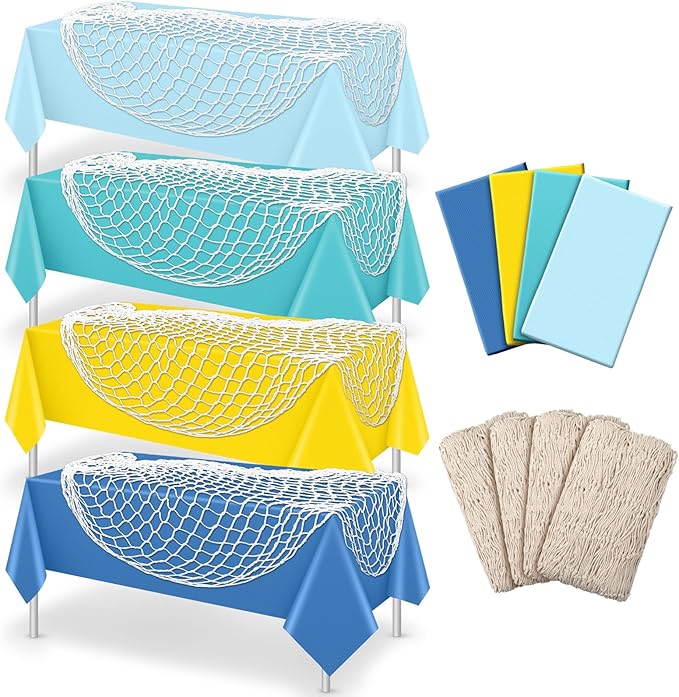 Unittype Fish Net Decorative and Tablecloth Set, Cotton Fishnet and Plastic Table Cover Decorations Set for Nautical Themed Party Baby Shower Pirate Decorations Mermaid Party