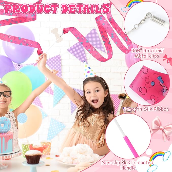 12 Pcs Kawaii Party Favors Ribbon Dancing Wands Pink Bow Tie Flower Gymnastics Ribbons Sticks Dance Streamers Dance Twirling Sticks for Girls Birthday Party Supplies Goody Bag Stuffers Gifts