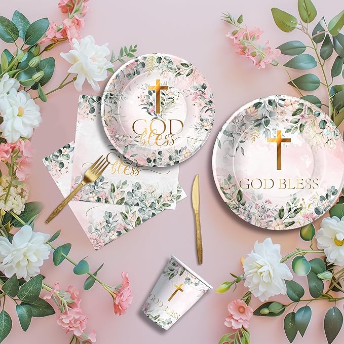 God Bless Baptism Decorations Tableware Girl - First Communion Decorations Supplies, Plate, Cup, Napkin, Fork, Baptism Plates And Napkins Set For Christening Baby Shower Religious | Serve 24