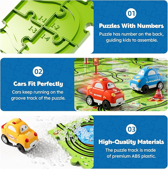64PCS Puzzle Track Car Set Toys for Kids Boys, Toddler Toys Gifts for 3 4 5 Year Old, Floor Puzzle Tracks Car for Boys Ages 3-5 4-6, for 3 4 5 6 Year Old