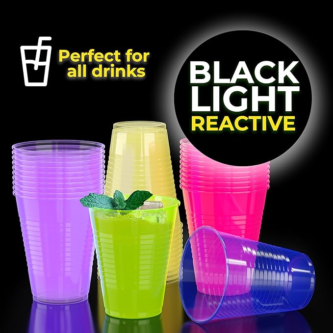 Exquisite Neon Cups 720 Pack 16 Oz | Colored Plastic Cups | Ideal For Blacklight Glow In The Dark Parties, Birthdays Or Any Event | Disposable, Food Safe