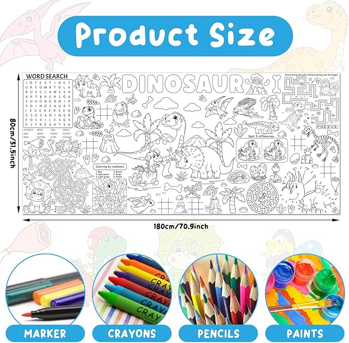 Naozinebi Dinosaur Giant Coloring Poster for Large Coloring Tablecloth Big Paper Sheets Page Dino Table Cloth DIY Activity Game Art Crafts Mat Wall Home Party Decoration Supplies