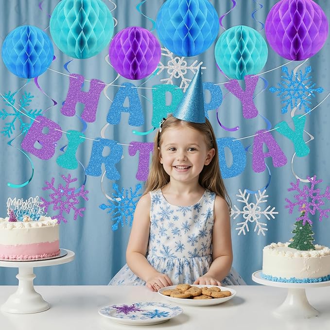 Amandir Snowflake Birthday Decorations for Girls, Glitter Happy Birthday Banner with Honeycomb Balls, Snowflake Hanging Swirls Streamers, Circle Dots Garland, Princess Winter Wonderland Party Supplies