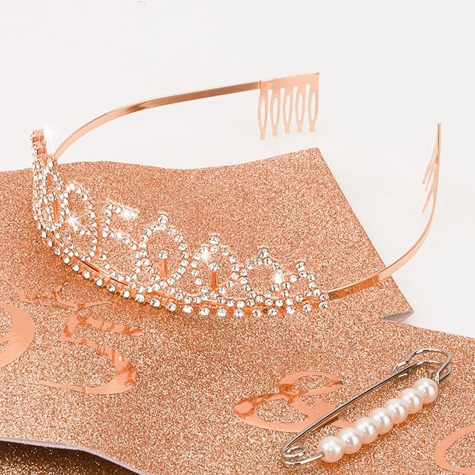 CIEHER 95th Birthday Crown and Sash, 95 & Fabulous Sash, 95th Birthday Decorations for Women - Rose Gold