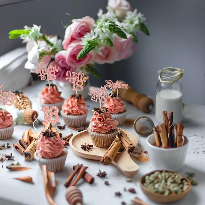 30Pcs18th Birthday Cupcake Toppers Eighteen Happy 18th Cupcake Picks Sweet 18 Cheers to 18 Cake Decorations for 18th Birthday Anniversary Party Supplies Rose Gold Glitter