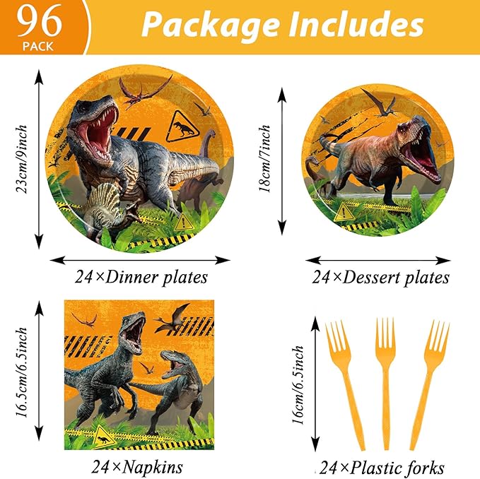 96 Pcs Dinosaurs Party Supplies Paper Plates Napkins Dinosaurs Themed Party Birthday Dinner Dessert Decorations Favors for Shower Decor Serves 24